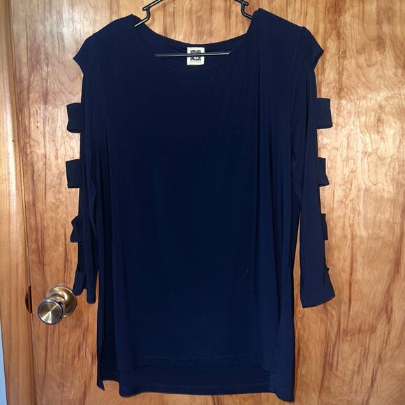 Navy Blue Long Cut Out Sleeve Anne Klein Blouse Size Large - Picture 1 of 7